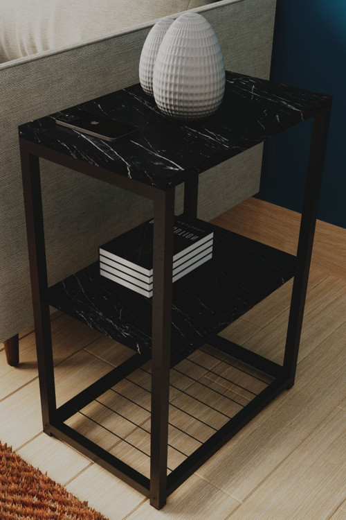 Metal Ayaklı Ve Ahşap Raflı Dekoratif Yan Sehpa