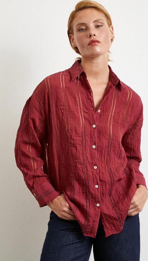 Organze Çizgili Gömlek Bordo