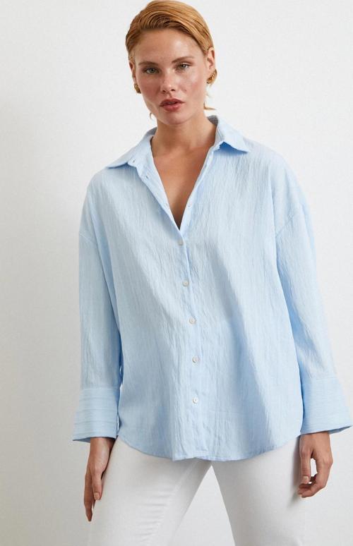 Kabartma Çizgili Oversize Gömlek Mavi