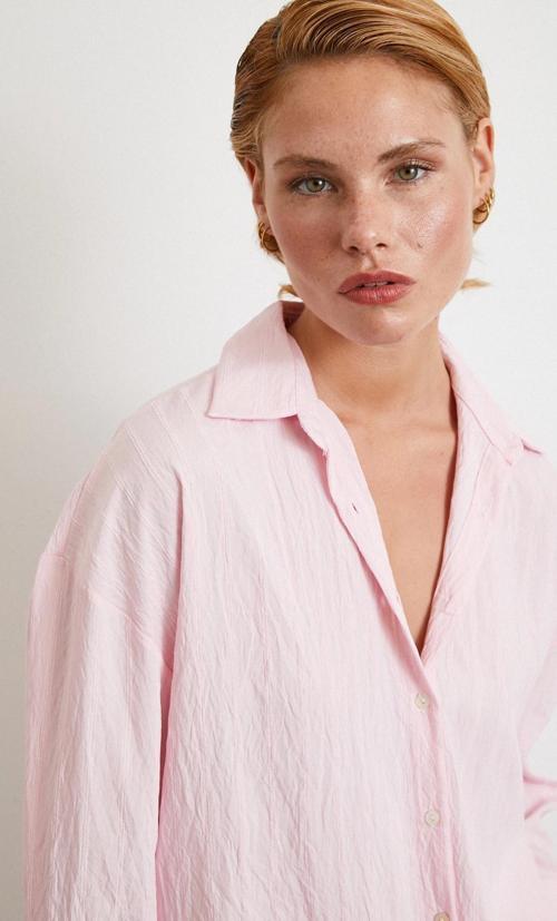 Kabartma Çizgili Oversize Gömlek Pembe