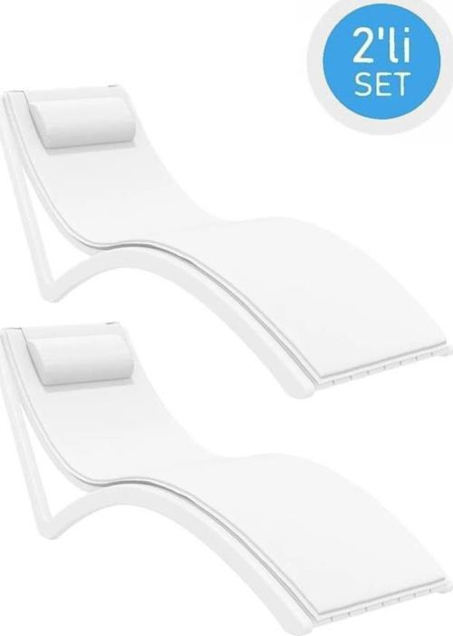 TRK-087 Siesta Minderli Yastıklı Lüks Ergonomik Slim Şezlong Beyaz 2'li Set