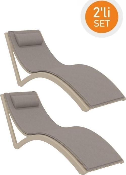 TRK-087 Siesta Minderli Yastıklı Lüks Ergonomik Slim Şezlong Kum Gri 2'li Set