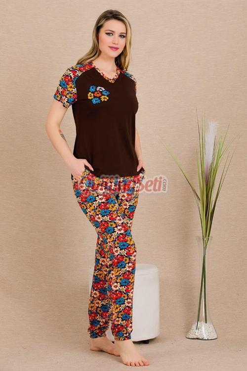 Kahverengi Ve Çiçek Desenli Lady 12487 Pamuklu Kısa Kol Kadınların Tercihi Pijama Takımı