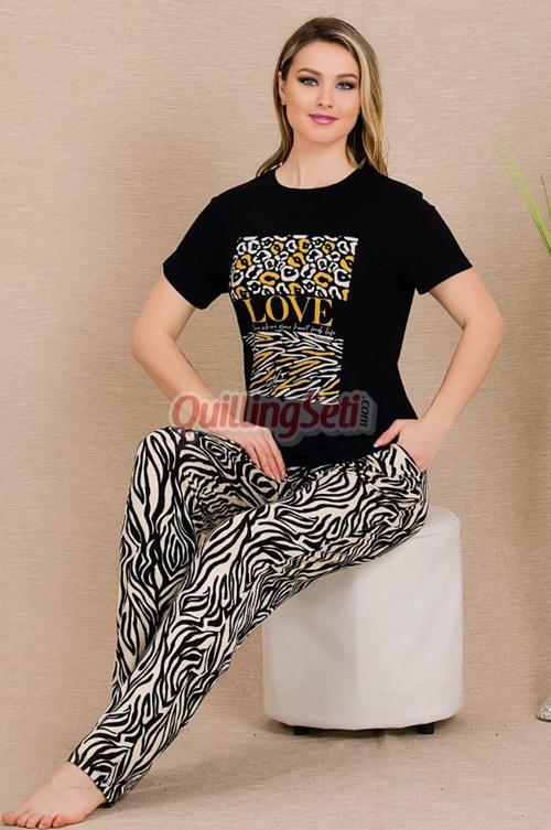 Siyah Renkli Ve Zebra Desenli Lady 12490 Pamuklu Kadınların Tercihi Kısa Kol Pijama Takımı