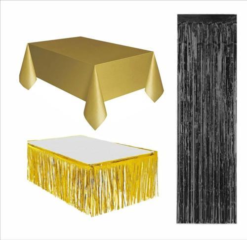 3 PARÇA GOLD MASA ÖRTÜSÜ, GOLD MASA ETEĞİ,SİYAH ARKA FON