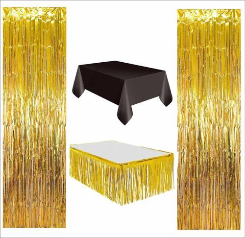 4 PARÇA SİYAH MASA ÖRTÜSÜ, GOLD MASA ETEĞİ, 2 ADET GOLD ARKA FON