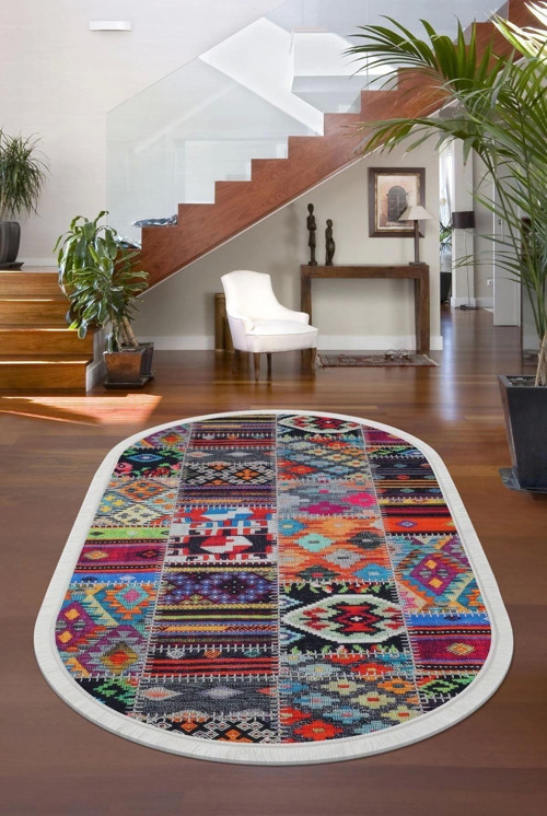 Halı Çok Renkli 9010 Yıkanabilir Saçaklı Oval Kesme Ince Yolluk Kilim Salon Halısı Modeli