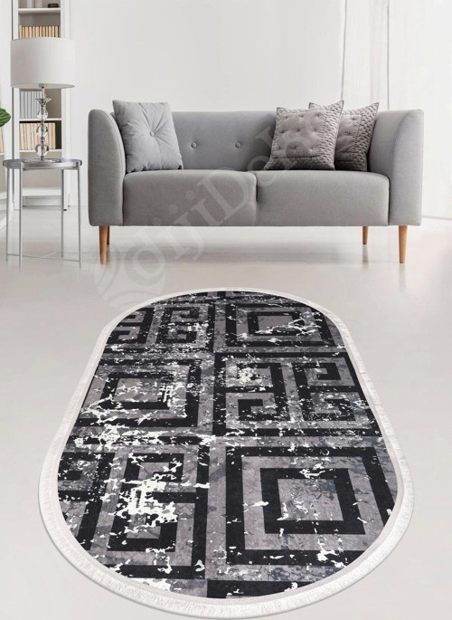 Halı Siyah Cool K1320 Saçaklı Oval Kaymaz Kesme Ince Yolluk Kilim Salon Halısı Modelleri