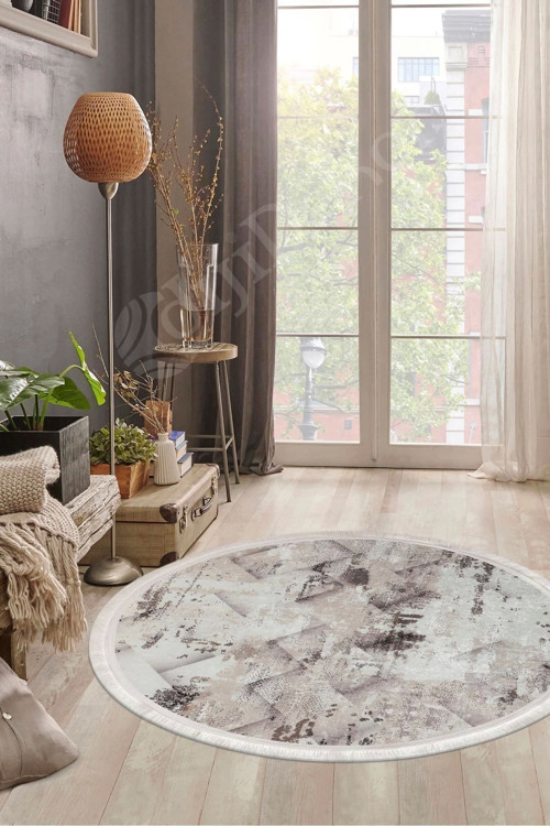 Halı Bej Cool K1280 Saçaklı Yuvarlak Kesme Ince Yolluk Kilim Salon Halısı Modelleri