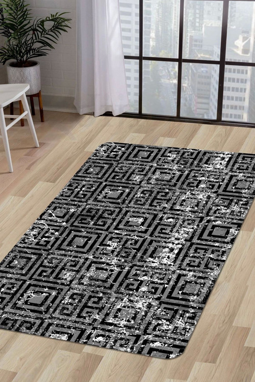 Halı Siyah Cool K1320 Yıkanabilir Saçaksız Kesme Ince Yolluk Kilim Salon Halısı Modelleri