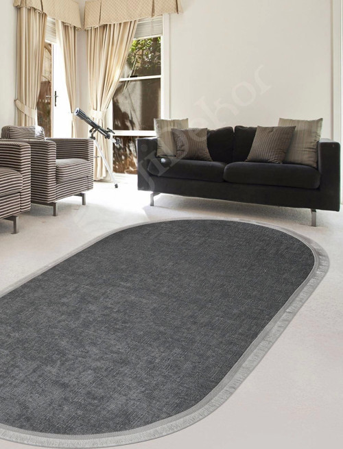 Halı Antrasit Cool K1290 Saçaklı Oval Kesme Ince Yolluk Kilim Salon Halısı Modelleri