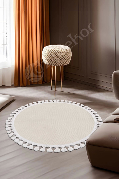 Halı Cool Krem Pramit Desenli Saçaklı Yuvarlak Kesme Yolluk Kilim Salon Halısı Modelleri