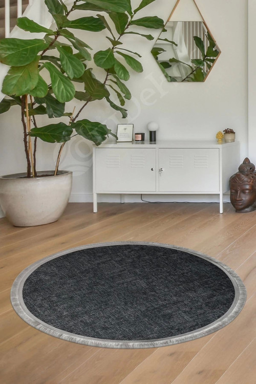Halı Antrasit Cool K1290 Saçaklı Yuvarlak Kesme Ince Yolluk Kilim Salon Halısı Modelleri