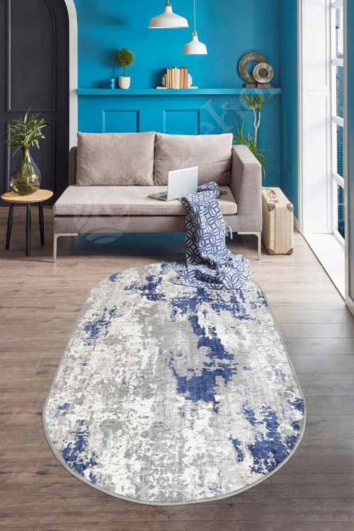 Delüxe Halı Lacivert Gri Saçaksız Siyah Taban Oval Halı Yeni Kabartmalı Model Halısı