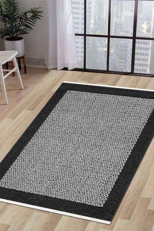 Halı Antrasit Cool Kr4040 Saçaklı Kaymaz Kesme Ince Yolluk Kilim Salon Halısı Modelleri