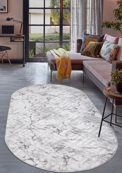 Halı Gri Cool Karo Yıkanabilir Saçaksız Oval Kesme Ince Yolluk Kilim Salon Halısı Modeli