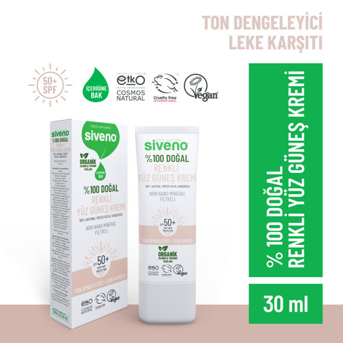 %100 Doğal Yüz Güneş Kremi Renkli Ton Eşitleyici Leke Karşıtı SPF 50+ UVA UVB 30 ml