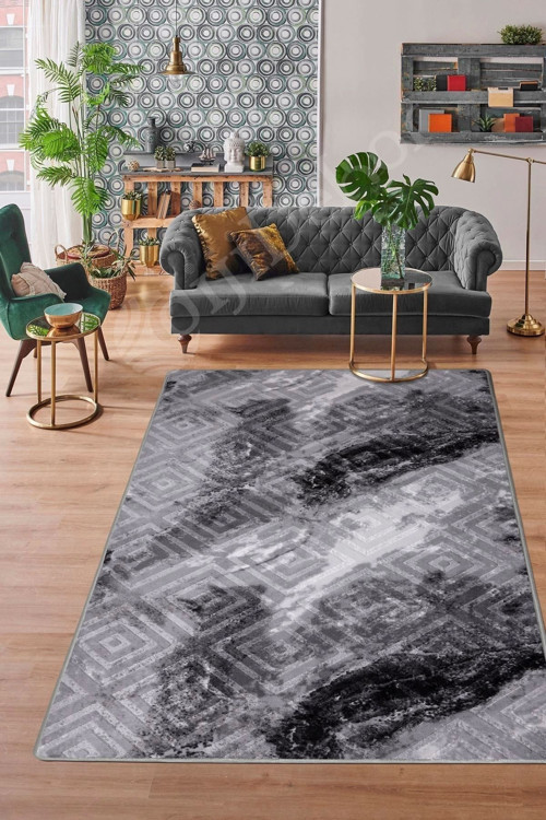 Halı Antrasit Cool Karo Yıkanabilir Kesme Ince Yolluk Kilim Salon Halısı Modelleri