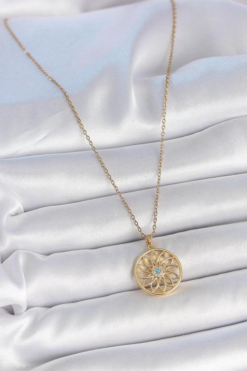 Zarif Kadın için Golden Çelik Zincr Mavi Taşlı Lotus Kolye