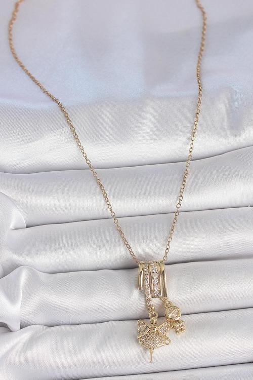 Zarif Kadın için Golden Çelik Zirkonlu Sallantı Melek Charm Kolye