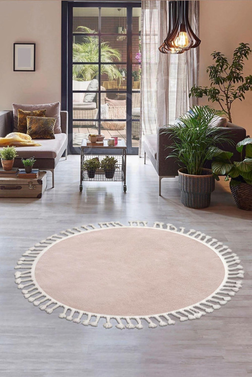 Peluş Halı Pembe Cool Saçaklı Yuvarlak Kesme Post Yolluk Kilim Salon Halısı Modelleri