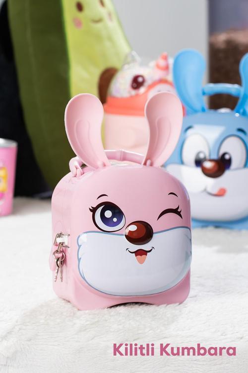042 Metal Anahtarlı Kilitli Tavşan Kumbara Pembe 11,5x19cm