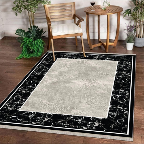 Halı Siyah Cool K0560 Yıkanabilir Saçaklı Kesme Ince Yolluk Kilim Salon Halısı Modelleri