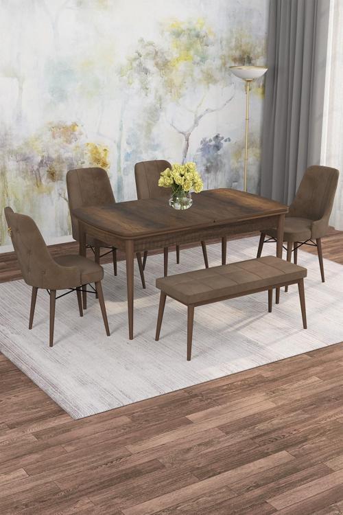Arven Serisi 80x132 Açılabilir MDF Barok Ahşap Desen Mutfak Masa Takımı 4 Sandalye 1 Bench
