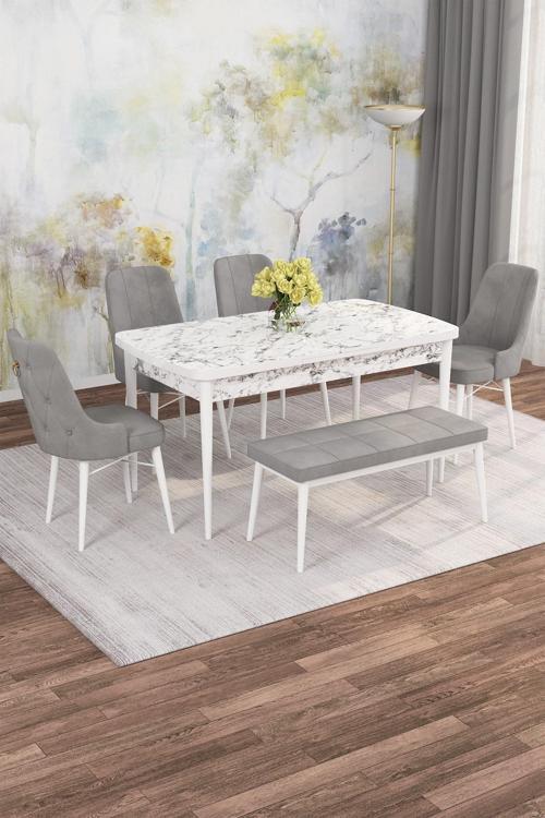 Arven Serisi 80x132 Açılabilir MDF Beyaz Mermer Desen Mutfak Masa Takımı 4 Sandalye 1 Bench