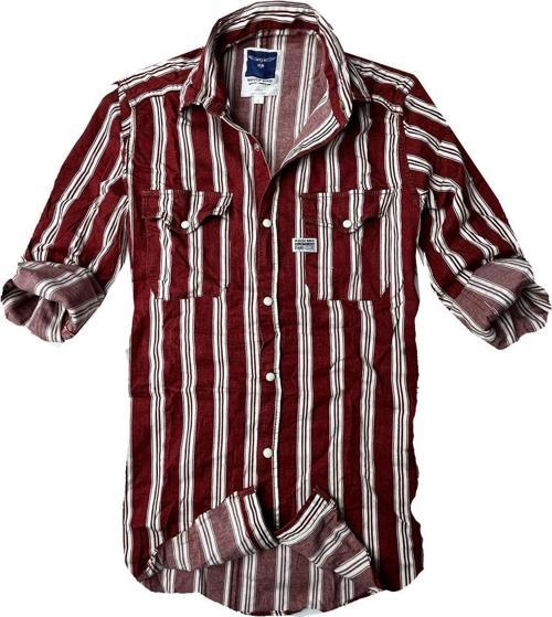 Slim Fit Likralı Esnek Kumaş Çift Cep Kot Gömlek -- Bordo- Çizgili--