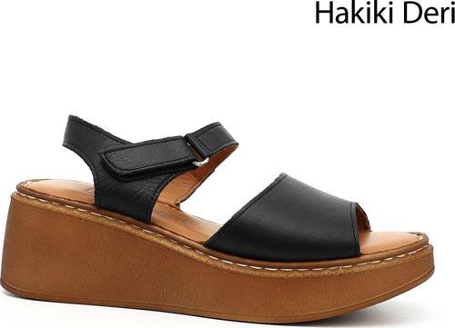 Kadın Siyah Dolgu Taban Hakiki Deri Sandalet