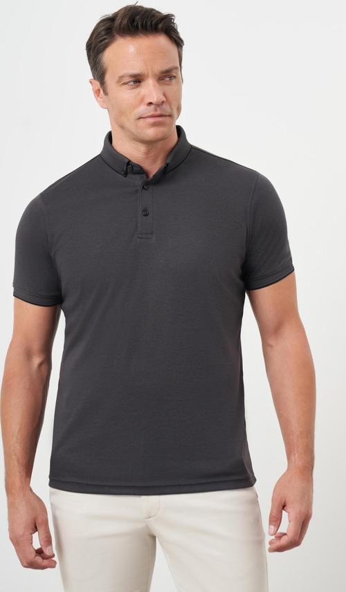  Erkek Siyah Trend Merserize Düz Düğmeli Yaka Dynamic Fit T-Shirt
