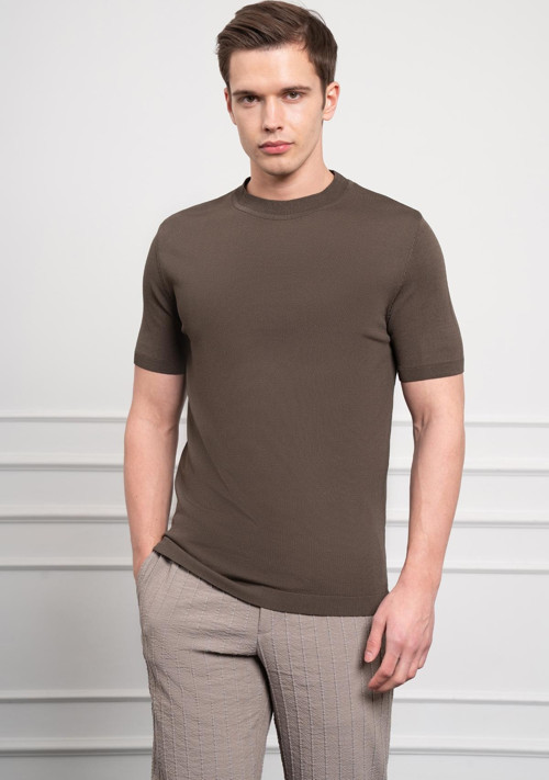 Erkek Haki Trend Bisiklet Yaka Dynamic Fit Rahat Kesim Rayon T-Shirt