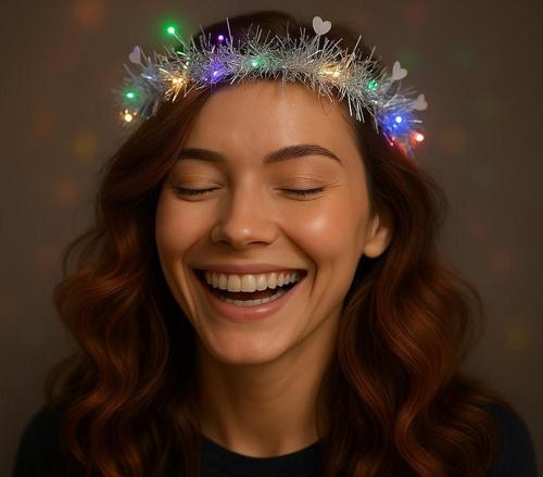 Kalp Püsküllü Gece Parıltısı 3 Modlu LED Işıklı Taç Gümüş Renk