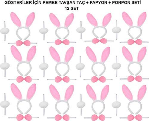 Pembe Tavşan Kostüm Seti – Taç, Papyon, Ponpon (12’li Paket)