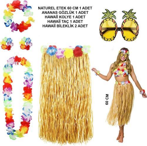 Hawaii Parti Kostüm Seti - 60 cm Hasır Etek, Çiçekli Aksesuarlar ve Ananas Gözlük