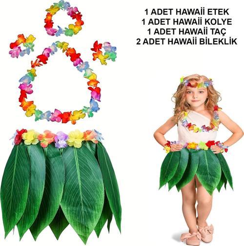Çocuk Hawaii Kostüm Seti - Yaprak Etek Hawaii Set - 5 Parça