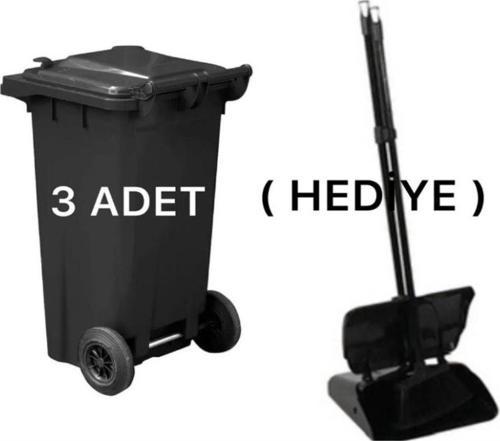 3 Adet Siyah Plastik Çöp Konteyneri 120 Lt Isıya Karşı Dayanıklı Siyah Kapaklı Faraş Hediyeli
