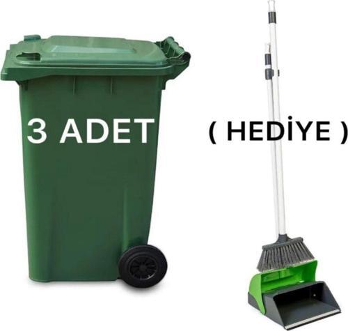 3 Adet Yeşil Plastik Çöp Konteyneri 240 Lt Isıya Karşı Dayanıklı Faraş Hediyeli