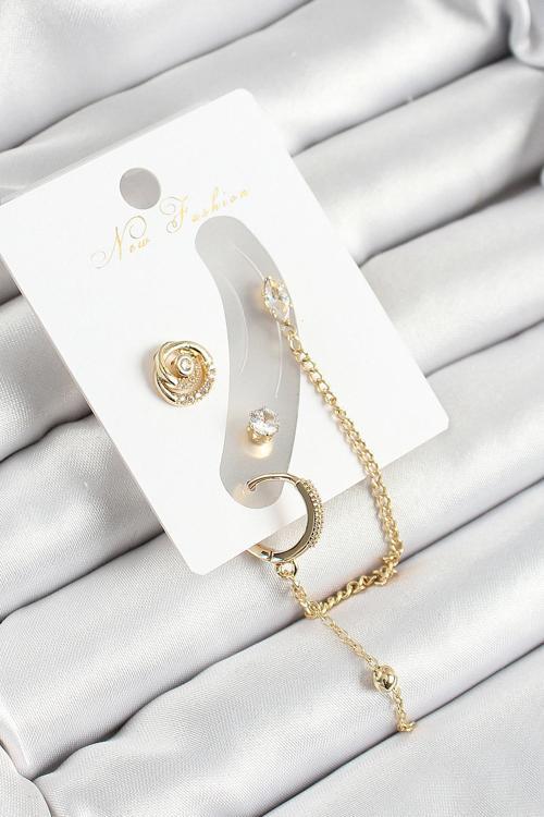 Pirinç Halka Figürlü Zirkon Taşlı Gold Renk 3'lü Kıkırdak Kadın Küpe Set - EBJ250530W34497