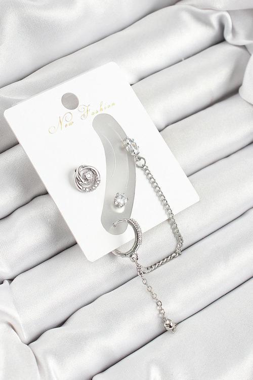 Pirinç Halka Figürlü Zirkon Taşlı Gümüş Renk 3'lü Kıkırdak Kadın Küpe Set - EBJ250530W34488