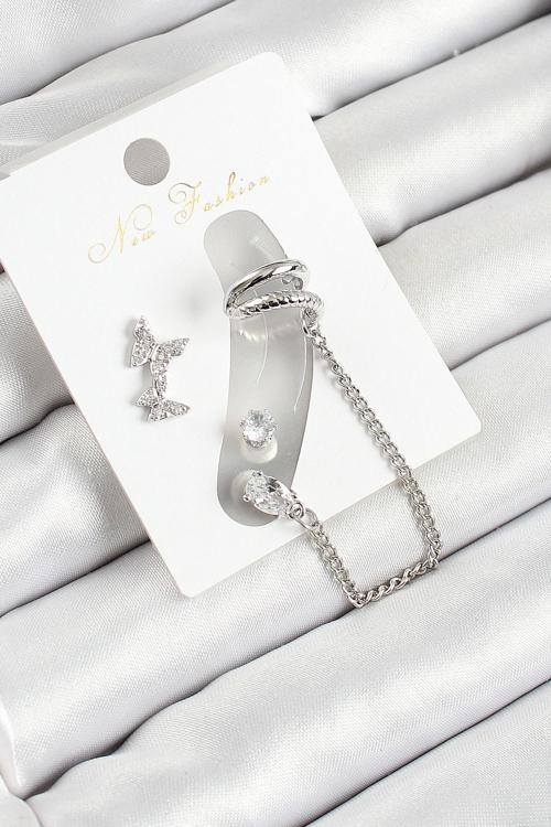 Pirinç Kelebek Figürlü Zirkon Taşlı Gümüş Renk 3'lü Kıkırdak Kadın Küpe Set - EBJ250530W34482
