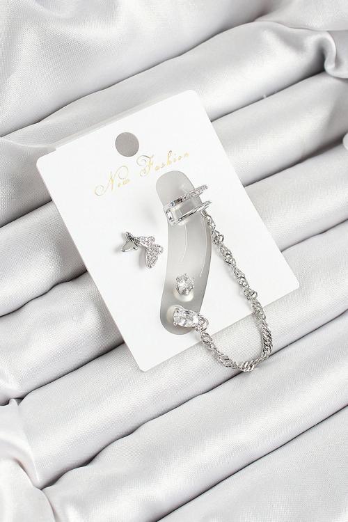 Pirinç Kelebek Figürlü Zirkon Taşlı Gümüş Renk 3'lü Kıkırdak Kadın Küpe Set - EBJ250530W34485