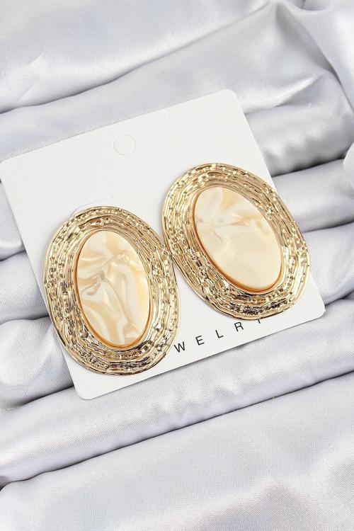 Pirinç Mermer Desenlli Bej Sedef Oval Vintage Model Gold Renk Kadın Küpe - EBJ250620W35803