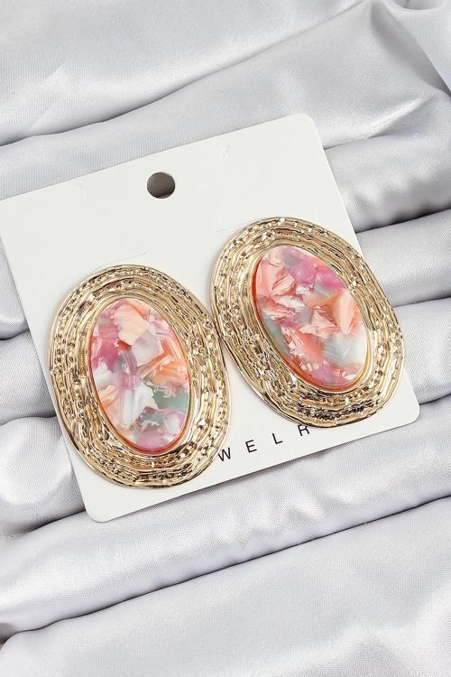 Pirinç Mermer Desenlli Pembe Sedef Oval Vintage Model Gold Renk Kadın Küpe - EBJ250620W35804