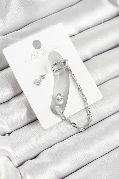 Pirinç Ok Figürlü Zirkon Taşlı Gümüş Renk 3'lü Kıkırdak Kadın Küpe Set - EBJ250530W34489