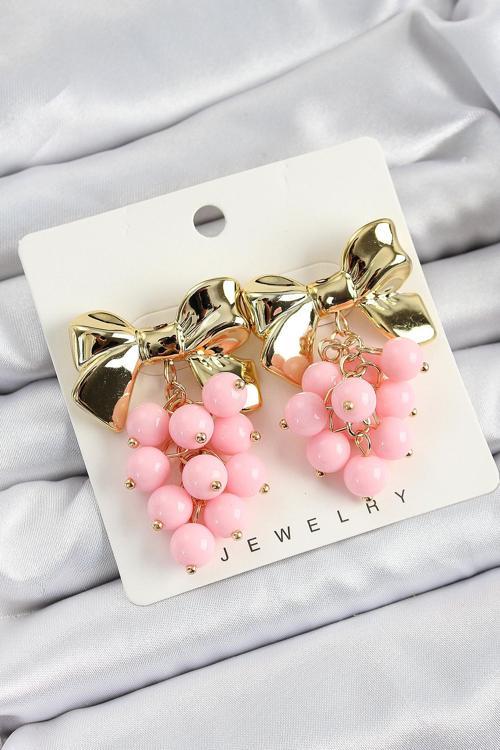 Pirinç Sallantılı Pembe Boncuklu Fiyonk Vintage Model Gold Renk Kadın Küpe - EBJ250620W35801