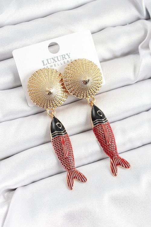 Pirinç Sallantılı Zirkon Taşlı Kırmızı Siyah Balık Model Gold Renk Kadın Küpe - EBJ250620W35736