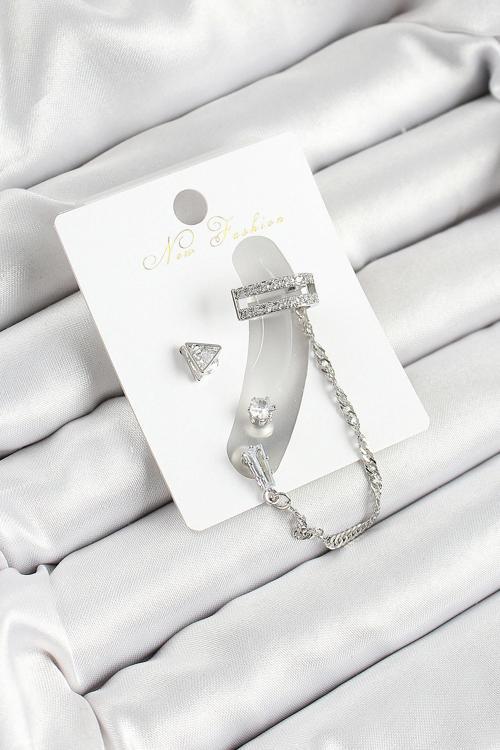 Pirinç Üçgen Figürlü Zirkon Taşlı Gümüş Renk 3'lü Kıkırdak Kadın Küpe Set - EBJ250530W34484