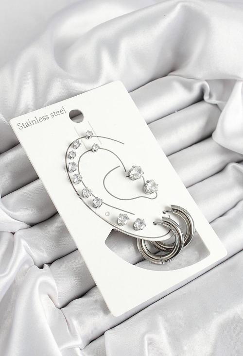 Halka Figürlü Ve Zirkon Taşlı Gümüş Renk 7'li Çift Kadın Küpe Set - EBJ250530W34463